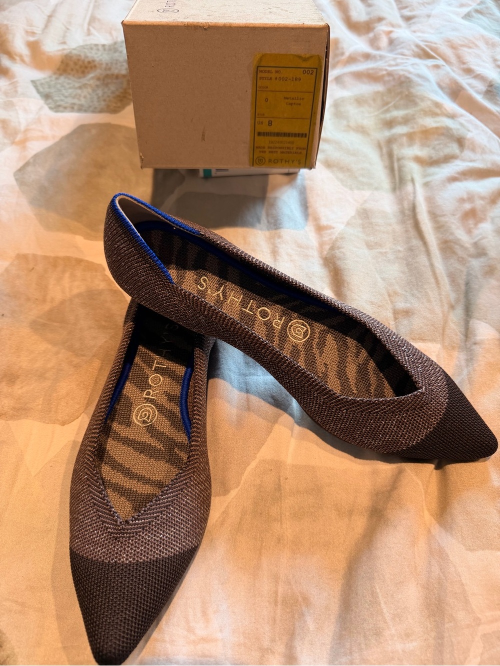 Rothy's The Point II Pointed Knit Ballet Flats in Metallic Captoe size 8 New